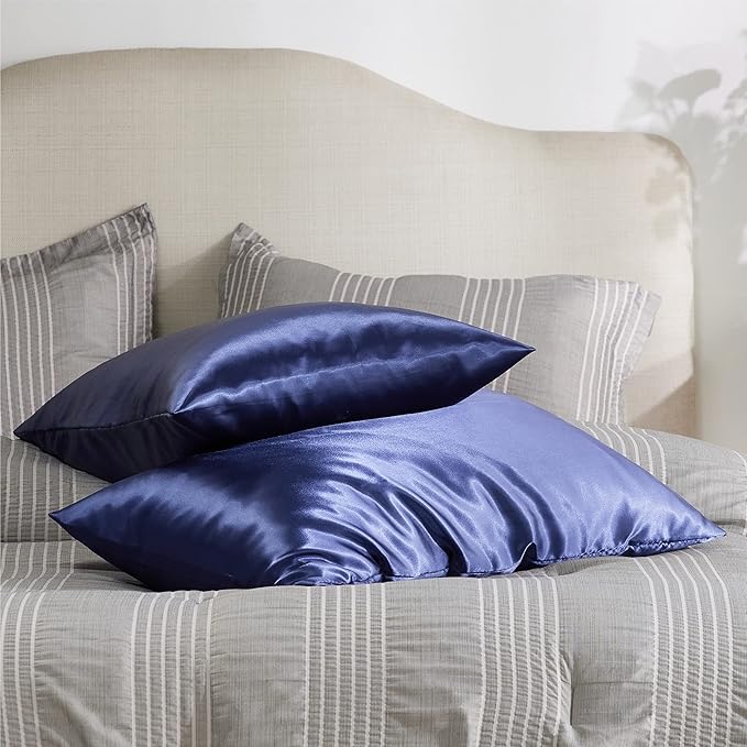 Bedsure Satin Pillowcase with Zipper, Similar to Silk Pillow Cases 2 Pack, Silky & Soft Satin Pillow Cases Standard Size for Hair and Skin, Navy Pillow Covers, Gifts for Women Men, 20x26 Inches