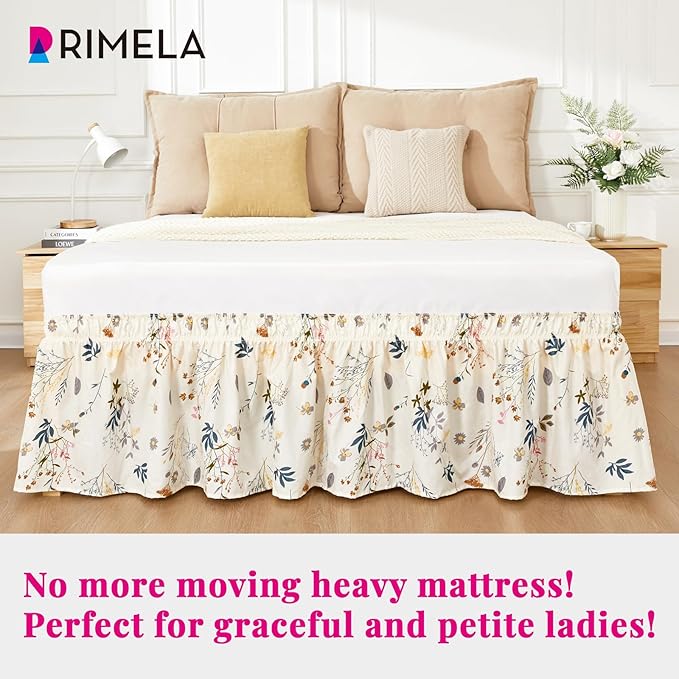 RIMELA Balloon Flower Floral Bed Skirt Queen Size 15 Inch Drop, Elastic Bed Skirting for Bed Frame, Bedding Dust Ruffle Easy to Install, Lightweight Wrap Around Adjustable Bedskirt