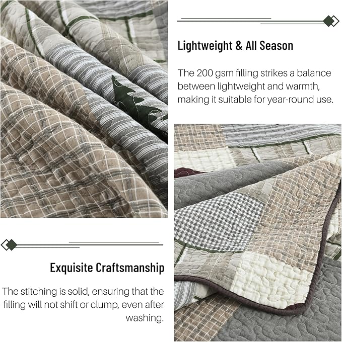 Quilt for King Bed - 100% Cotton Farmhouse Patchwork Plaid Cabin King Size Quilt Bedding Set, Brown Gray Green Animal Bear Deer Tree Lightweight Bedspread, 3-Piece for All Season (98"x106")