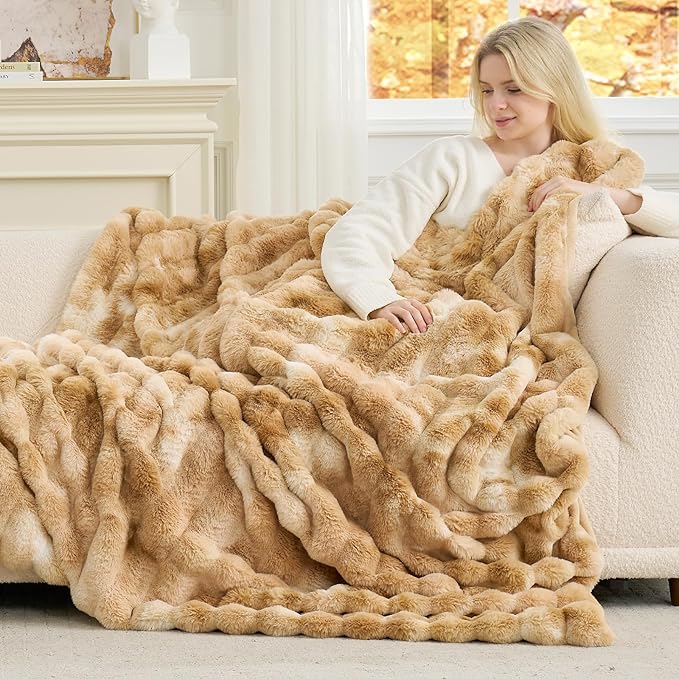 Cozy Bliss Faux Fur Throw Blanket for Couch, Fuzzy Soft Plush Thick Striped Blanket for Sofa Bedroom Living Room, 60 * 80 Inches Tie-dye Khaki