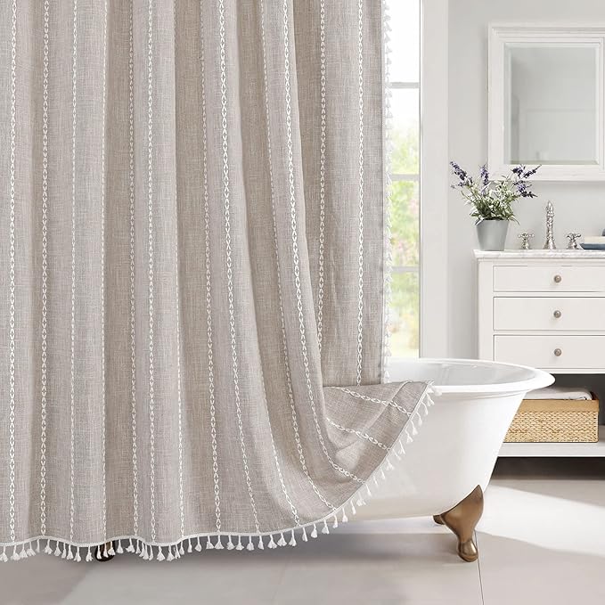 MitoVilla Boho Farmhouse Fabric Shower Curtain, Tan Brown Modern Polyester Linen Shower Curtains for Vintage Rustic Bathroom Decor, Country Tassel Thick Cloth Shower Curtain, Taupe, 72 x 72