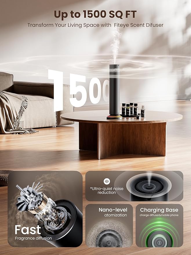 Waterless Scent Diffuser Kit Include 5x20ml Essential Oils, Essential Oil Diffuser for Home, Hotel & Office, APP&Remote Control, Quiet Operation, Pets and Kids Friendly, Max Coverage 1500 Sq Ft