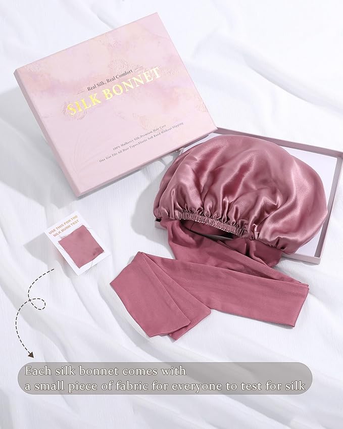 100% Mulberry Silk Bonnet for Sleeping Women Double Layer Silk Hair Bonnet Natural Silk Sleep Cap with Elastic Reversible Hair Wrap (Bean Paste + Light Pink)