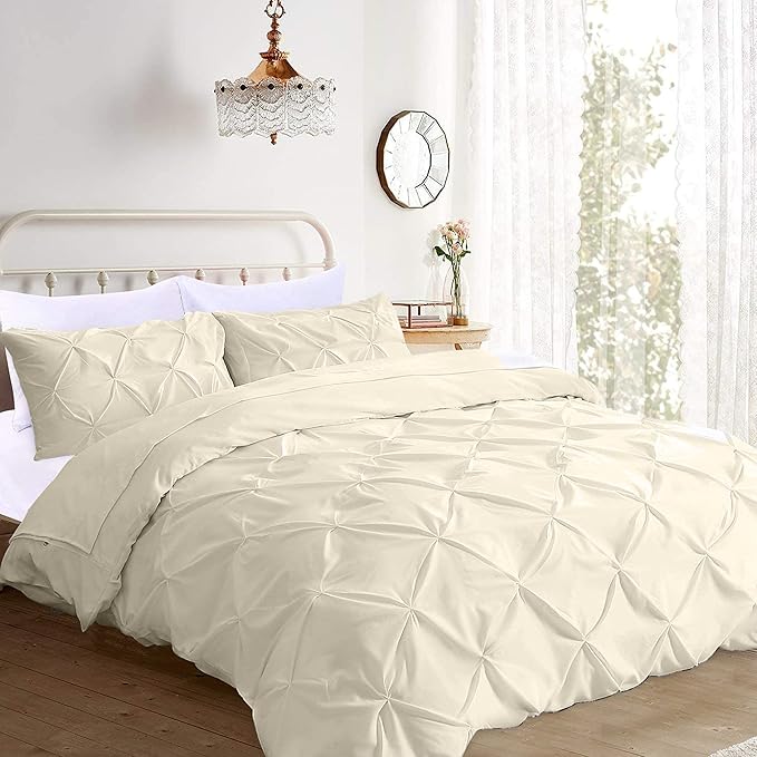 Pinch Pleated Duvet Cover Set 100% Cotton 3PC Super King Plus Size 120x120 Duvet Cover Set, Decorative Pinch Design Ivory Duvet Cover with Matching Pillow Case