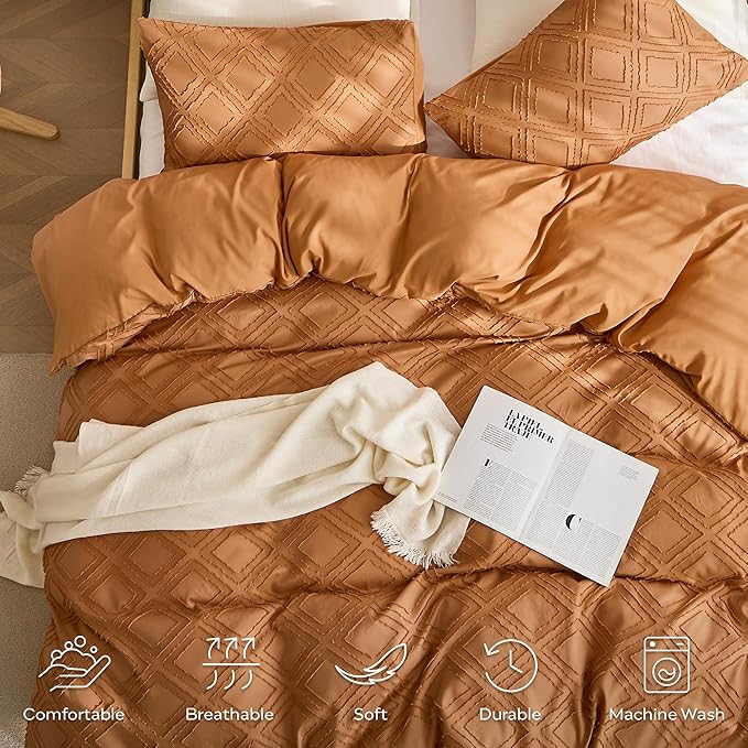 JELLYMONI Duvet Cover Twin Size Rust - 3PCS Boho Duvet Cover Set Plaid Polyester Tufted Bohemian Jacquard Knit Textured Comforter Cover 68×90in Rhombic Geometric Pattern Corner Ties & Zipper