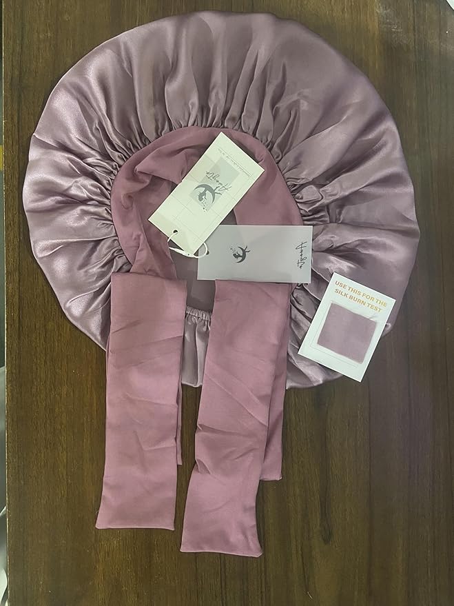 AWAYTR Mulberry Silk Bonnet for Sleeping - Silk Sleep Bonnet with Tie Band for Curly Hair Men and Women (Rose Gold)