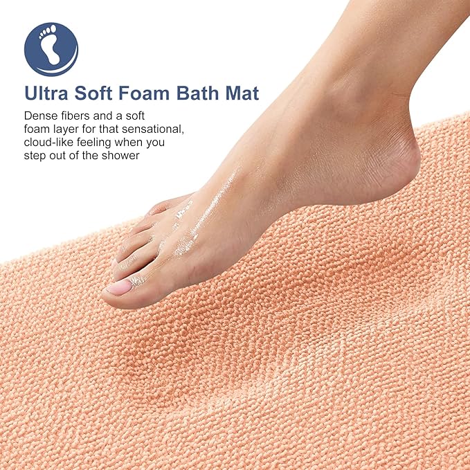OLANLY Thick Memory Foam Bath Mat Rug 24x16, Extra Soft Absorbent Bathroom Rug, Quick Dry Bath Mats, Non-Slip, Machine Washable Carpet for Bathroom, Tub and Shower, Home Decor Accessories, Peach