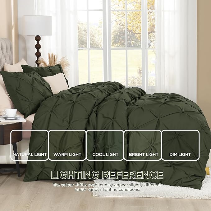 Litanika Olive Green Pinch Pleat Duvet Cover Queen, 3 Pieces Pintuck Soft Microfiber Bedding Set with Zipper Closure & Corner Ties(90x90Inch-1 Duvet Cover, 2 Pillowcases)