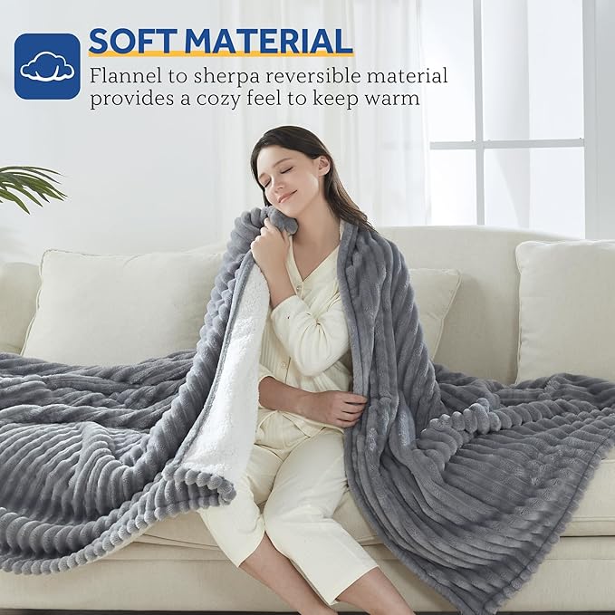 SEALY Electric Blanket Queen Size, Soft Ribbed Flannel to Sherpa Reversible Heated Blanket with Dual Control 10 Heat Settings & 1 to 12 Hours Auto-Off 84"x90" Machine Washable, Light Grey