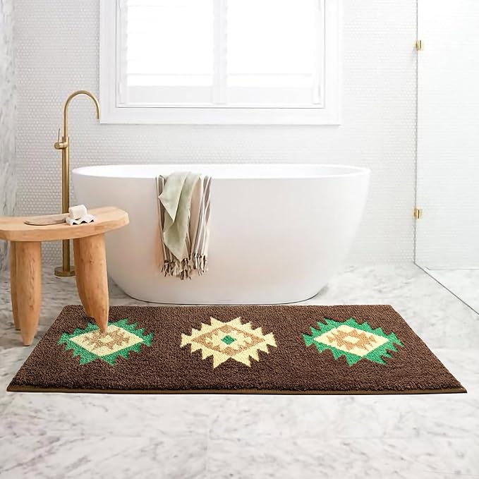 DEXDE Boho Bathroom Rugs Brown Aztec Bath Mat Non Slip Long Bathroom Rug Runner Luxury Soft Absorbent Carpet for Bathroom Shower Kitchen Entryway Modern Western 20x47