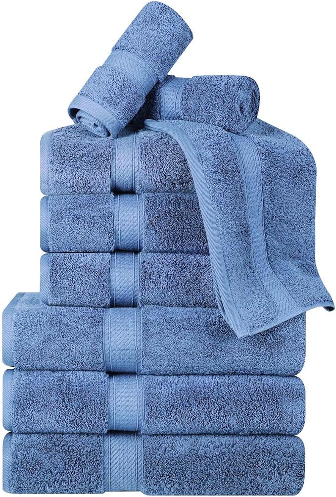 SUPERIOR Egyptian Cotton Pile 9 Piece Towel Set, Includes 3 Bath, 3 Hand, 3 Face Towels/Washcloths, Ultra Soft Luxury Towels, Thick Plush Essentials, Guest Bath, Spa, Hotel Bathroom, Denim Blue