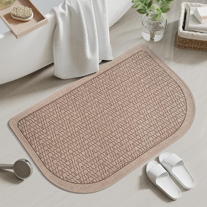 Bathroom Rugs Mat 16x24, Ultra Thin Quick Dry Absorbent Non Slip Bath Mat, Bath Mats for Bathroom Mat Carpet Fit Under Door, Woven Washable Floor Rubber Half Round Bath Rugs, Brown