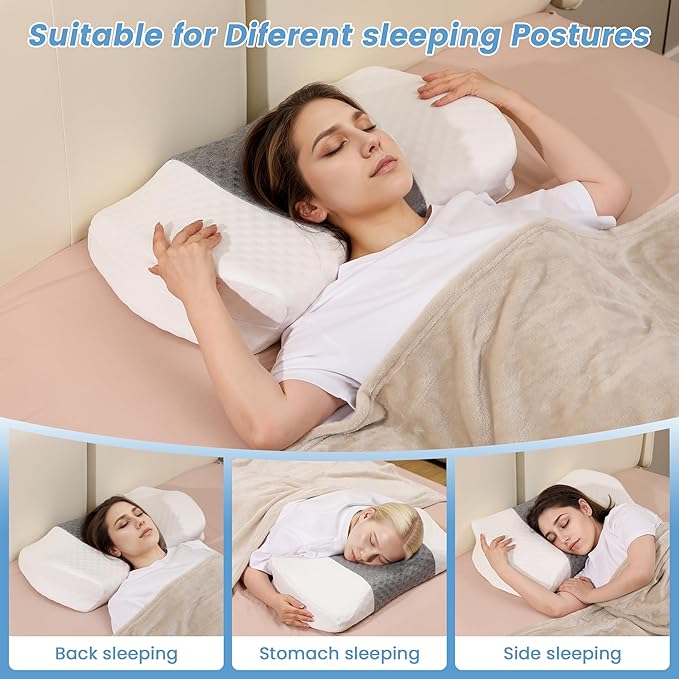 TOPPURE Cervical Neck Pillow with Breathable Pillowcase, Memory Foam Pillow Supportive for Neck & Shoulder Pain Relief for Side, Back, Stomach Sleepers(White&Grey)