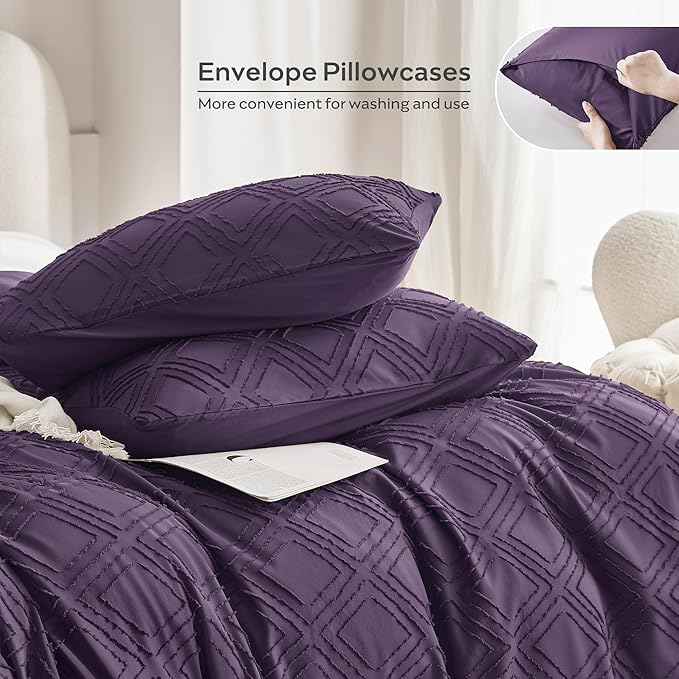 JELLYMONI Duvet Cover Twin Size Purple - 3PCS Boho Duvet Cover Set Plaid Polyester Tufted Bohemian Jacquard Knit Textured Comforter Cover 68×90in Rhombic Geometric Pattern Corner Ties & Zipper