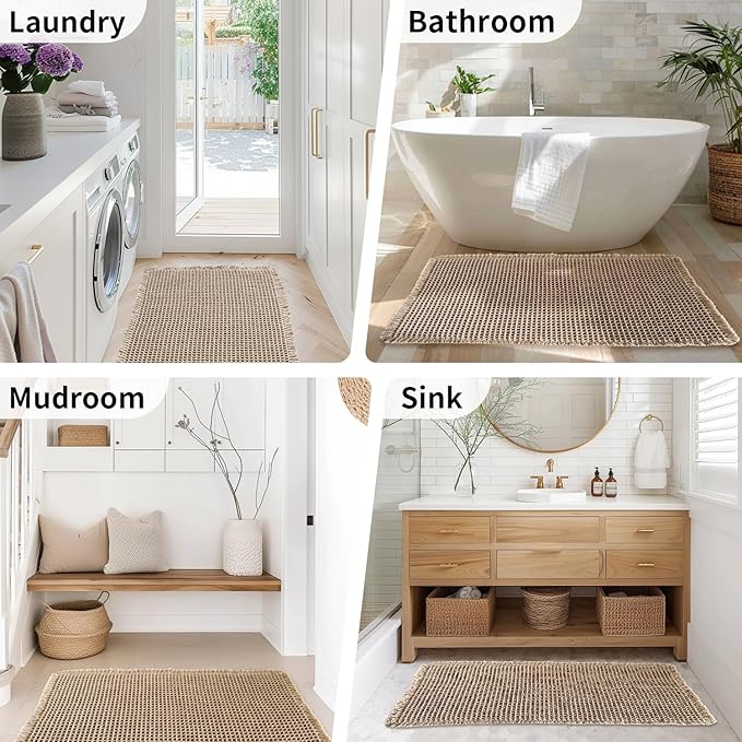 Waffle Bath Mat - Boho Bathroom Rugs Non Slip Washable, Super Absorbent & Quick Dry, Soft Bath Mat Farmhouse Bathroom Decor, 20'' x 32'', Khaki