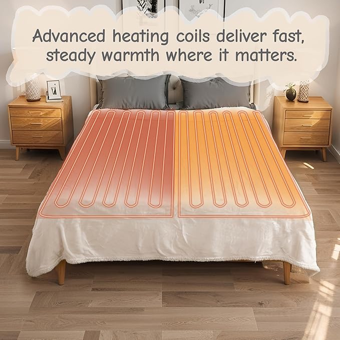 Electric Heated Blanket Queen Size 84"x90", Soft Flannel with Dual Controllers & Overheat Protection, 6 Adjustable Heat Settings & 10-Hour Auto-Off Timer, Fast Heating for Winter Comfort, White