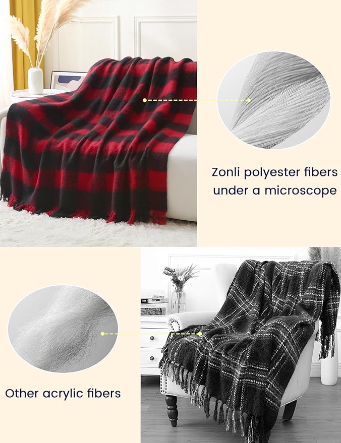 ZonLi Christmas Buffalo Plaid Blanket, Black and Red Plaid Throw Blankets with Tassel for Couch, Bed, Sofa, Chair, Outdoor, Cozy Warm Lightweight Farmhouse,50" x 60"