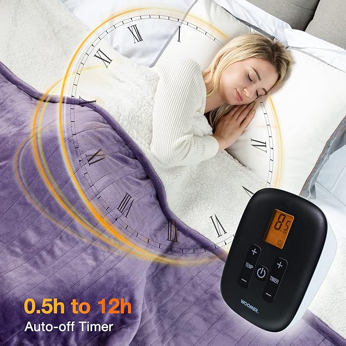 WOOMER Heated Blanket Queen Size,Durable Flannel and Soft Sherpa,Dual Control,84” × 90” Electric Blanket, 10 Heat Levels&0.5-12h auto-Off, Overheat Protection,Energy Efficient
