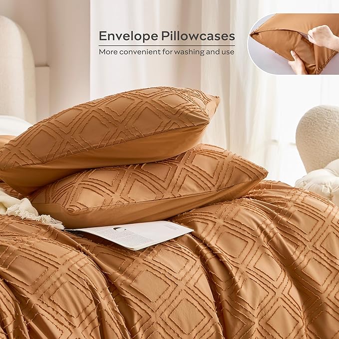 JELLYMONI Duvet Cover Twin Size Rust - 3PCS Boho Duvet Cover Set Plaid Polyester Tufted Bohemian Jacquard Knit Textured Comforter Cover 68×90in Rhombic Geometric Pattern Corner Ties & Zipper