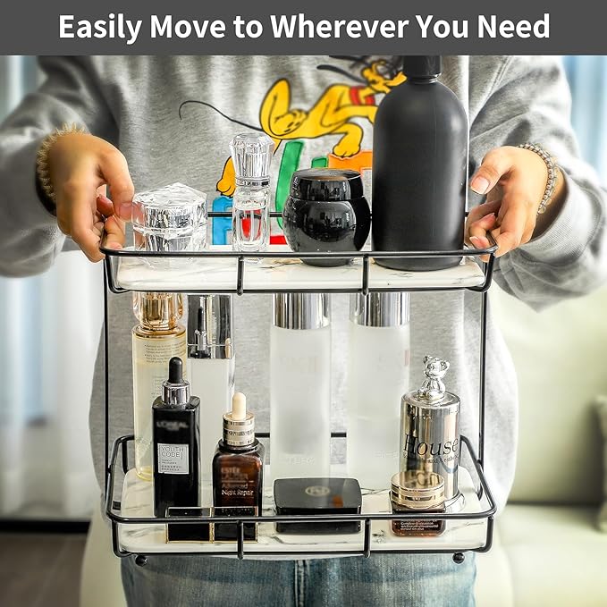 Bathroom Organizer Countertop Perfume Organizer Makeup Organizer Cosmetics Storage Display Rack Vanity Tray Dresser Stainless Steel Gold Shelf White Marble Ceramic Tray (2 Tier L-Black)