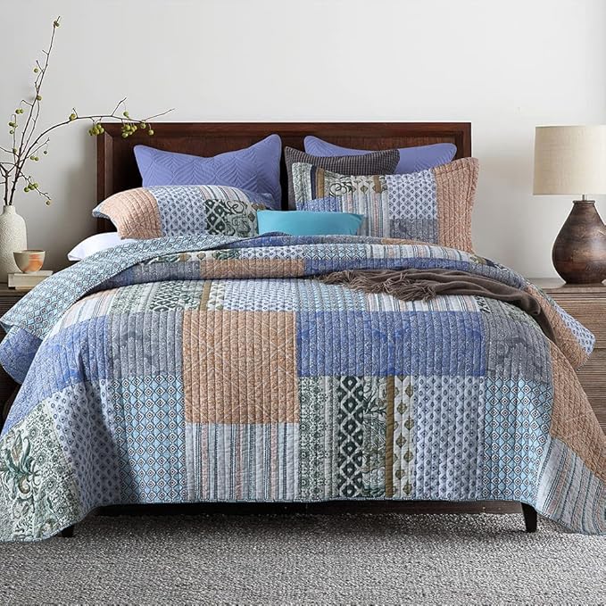 Autumn Dream Cotton Bedspread Quilt Sets Reversible Bedding Coverlet Sets Comforter, Bohemian Paisley Patchwork Blue Bedspread, King Size