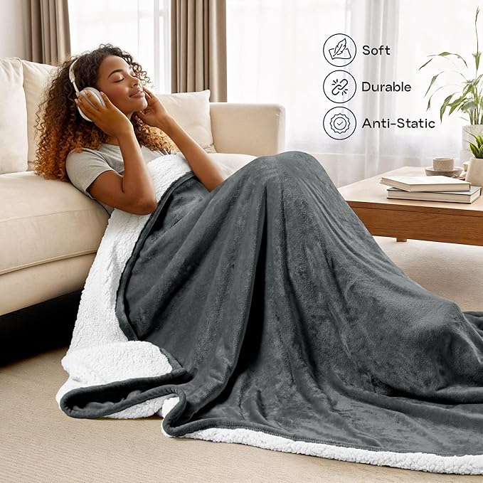 Utopia Bedding Sherpa Blanket Queen Size (Grey, 90x90 Inches) - Soft Lightweight Plush Fleece Reversible Blanket for Bed, Sofa, Couch, Camping and Travel