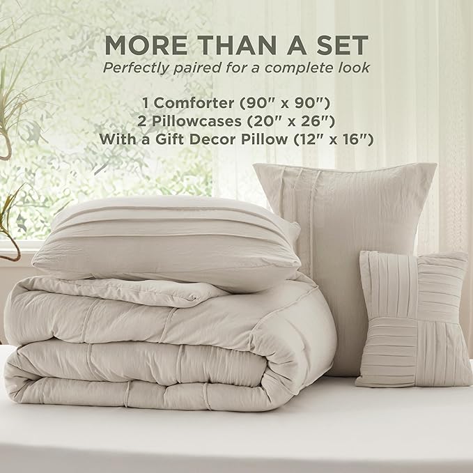 Bedsure Queen Comforter Set - 4 Pieces Pinch Pleat Bed Set, Beige Boho Bedding for All Season, 1 Soft Comforter, 2 Pillowcases, 1 Decorative Pillow