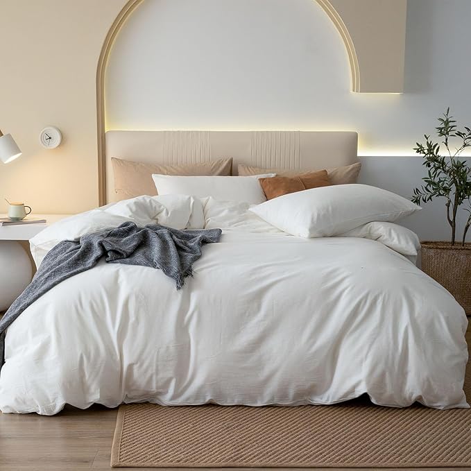 JIYUAN 100% Washed Cotton Duvet Cover Set 3 Pieces Cal King, 1 Duvet Cover 104x98 Inches(Comforter Not Included) and 2 Pillowcases,Linen Feel Bedding Set Comfy and Breathable,Off White