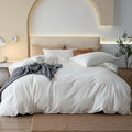 JIYUAN 100% Washed Cotton Duvet Cover Set 3 Pieces Queen, 1 Duvet Cover 90x90 Inches(Comforter Not Included) and 2 Pillowcases,Linen Feel Bedding Set Comfy and Breathable,Off White