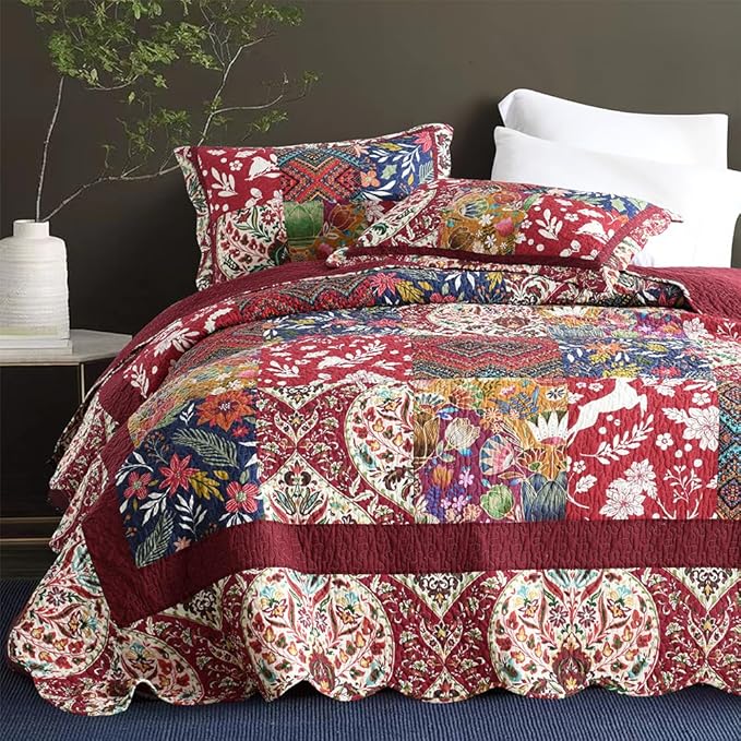 Cotton Bedspread Quilt Bedding Sets 3 Pieces Reversible Coverlet Sets Comforters Gorgeous Paisley Floral Patchwork Red Bedspread, Queen Size