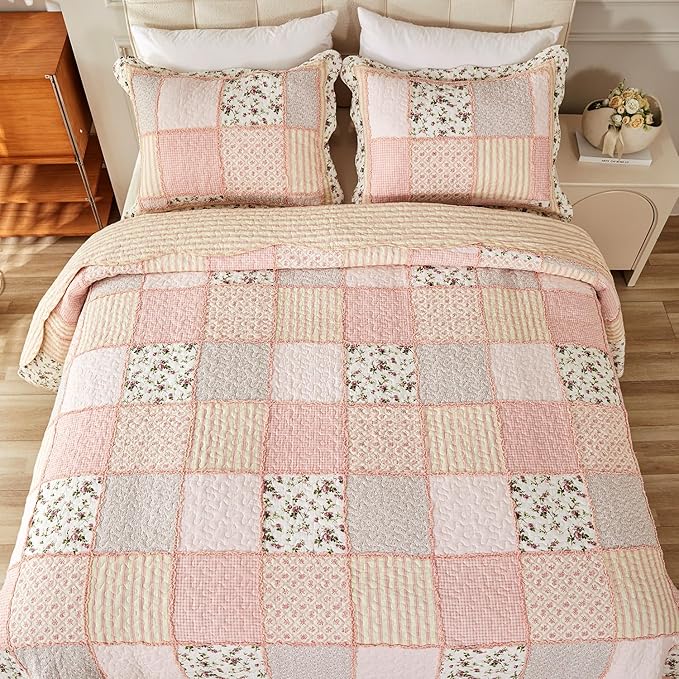 Cmfshape Floral Quilt Sets Bedspread Set 100% Cotton Patchwork Bedding Set, All Season Use Lightweight Reversible Coverlet Quilts with 2 Pillow Shams(Queen 92"x96")