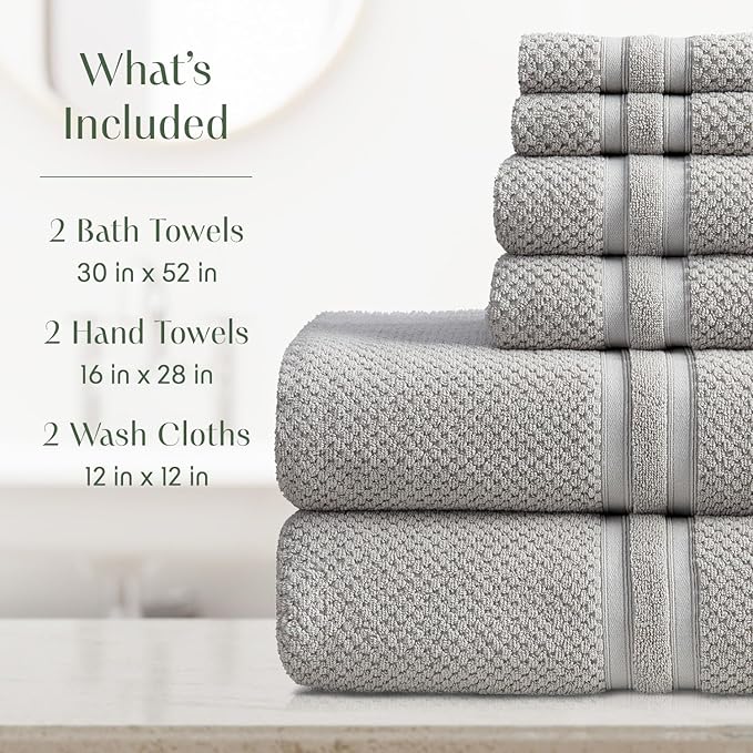 Springtree Home Grey Bath Towels Set of 6 | Popcorn Textured | 100% Combed Cotton | Absorbent Quick-Dry Gray Towels for Bathroom | Oeko-TEX® Standard 100 Cotton | Poli Collection - High Rise Grey