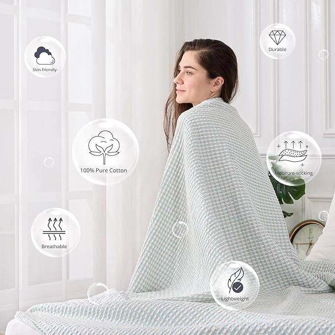 EGOHOME 100% Cotton Waffle Blanket Twin Size for Bed-Breathable and Lightweight,Soft Dual-Tone Textured Jacquard Waffle Weave Blankets for All-Seasons,Angel Falls Blue,60 x 80 Inches