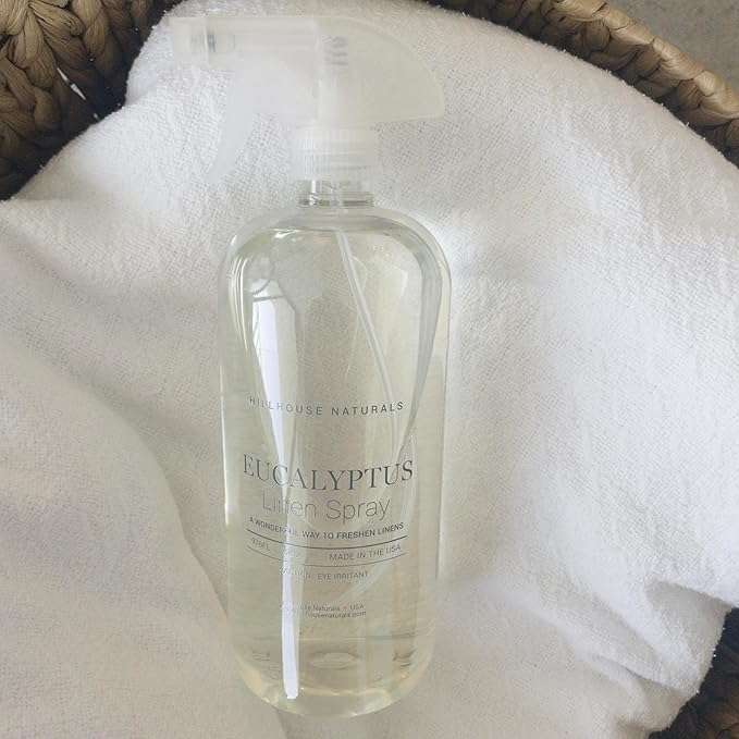 Hillhouse Naturals 1 liter Eucalyptus Linen Mist Aromatherapy Spray for Relaxation and Sleep. With scents of spearmint, eucalyptus, rosemary and our special floral blend. Made in the USA