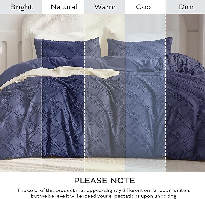 JELLYMONI Duvet Cover King Size Navy Blue - 3PCS Boho Duvet Cover Set Plaid Polyester Tufted Bohemian Jacquard Knit Textured Comforter Cover 104×90in Rhombic Geometric Pattern Zipper Corner Tie