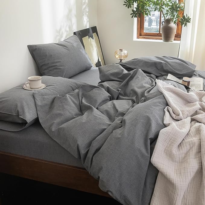 FOSSA Duvet Cover Set 100% Washed Cotton Linen Feel Super Soft Breathable Cozy 3 Pieces Bedding Sets Solid Dark Grey Full/Double