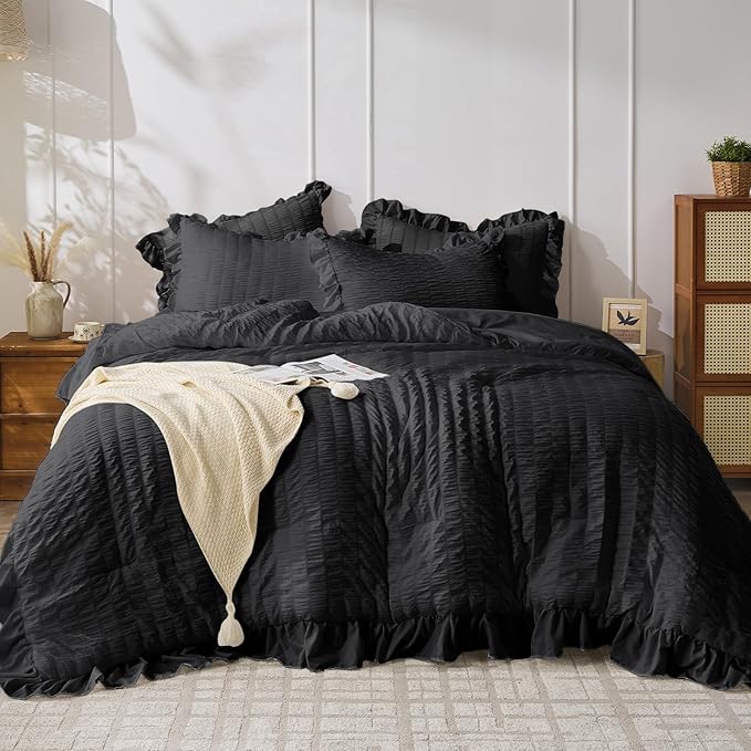 JOLLYVOGUE Black Queen Comforter Set, 3 Pieces Seersucker Comforters Queen Size, Lightweight & Fluffy Bedding Sets Queen for All Season with 1 Ruffle Comforter and 2 Ruffle Pillowshams