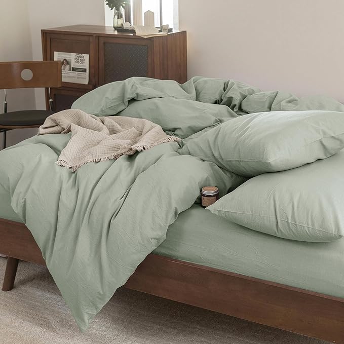 FOSSA Duvet Cover Set 100% Washed Cotton Linen Feel Super Soft Breathable Cozy 3 Pieces Bedding Sets Solid Sage Green Queen