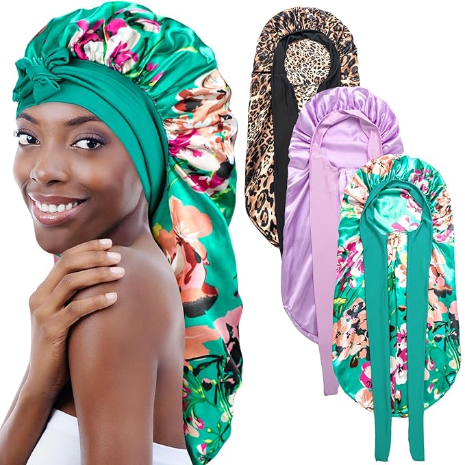 3Pcs Bonnets for Black Women Braids, Long Satin Bonnet with Stretchy Tie Band Sleep Cap for Long Hair (Purple & Leopard & Flower)