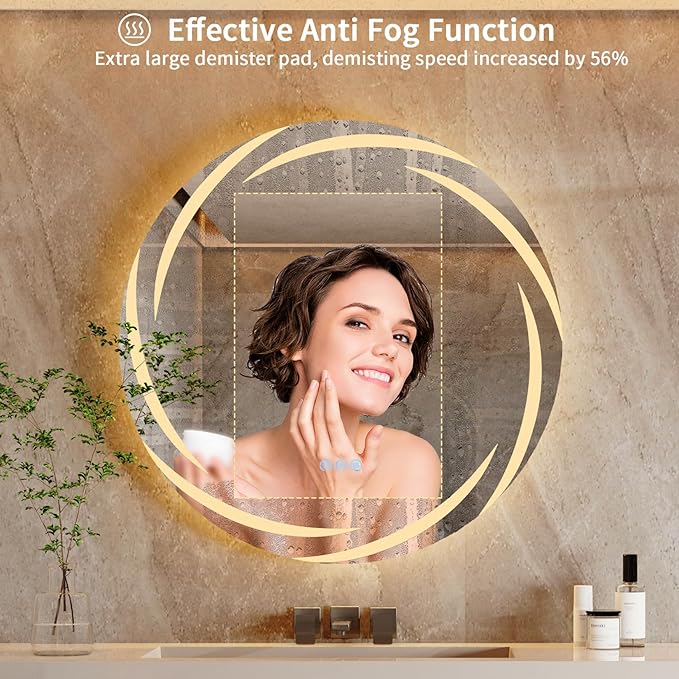 LUVODI Round LED Bathroom Mirror: 32” Circle Wall Mounted Large Lighted Makeup Mirror with 3 Color Bright Backlit - Smart Anti Fog Dimmable Vanity Mirror with Touch Switch for Restroom Toilet Hallway