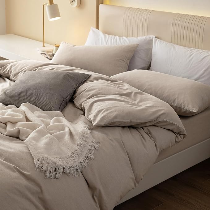 JIYUAN 100% Washed Cotton Duvet Cover Set 3 Pieces Full, 1 Duvet Cover 80x90 Inches (Comforter Not Included) and 2 Pillowcases,Linen Feel Bedding Set Comfy and Breathable, Heathered Tannish Linen Grey