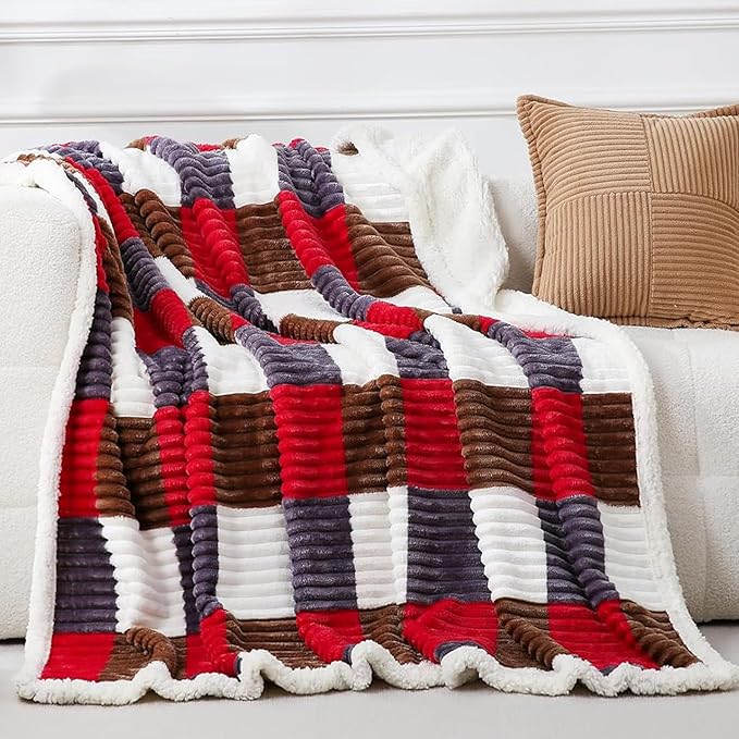 PU MEI Sherpa Blanket Twin Plaid Thick Bed Blanket, 60”*80” Super Soft Flannel Fuzzy Fleece Reversible Velvet Plush Warm Blanket for Couch (Gray Red Check)