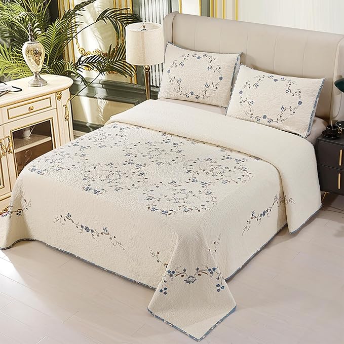 Quilt Set Blue Floral 3D Embroidery Pattern 3 PCS 100% Cotton Reversible Quilted Embroidered Decorative Bedspreads Coverlet Set, Lightweight &Soft Full Size White Bedding Coverlet for All Season