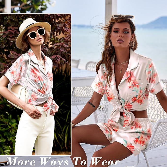Ekouaer Pajamas for Women Set Silk Satin Pjs Shorts Sleepwear 2 Piece Loungewear S-XXL