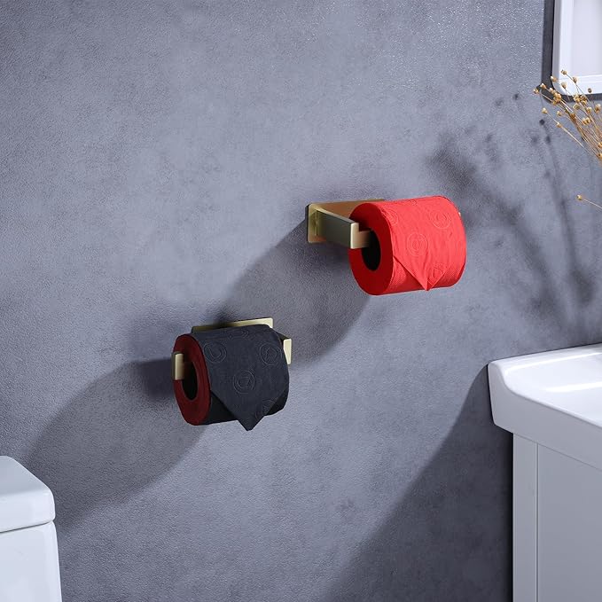 LANC Self-Adhesive Toilet Tissue Roll Holder, Brushed Gold Paper Holder for Bathroom RV Stick On Toilet Tissue Holder with Drill Free Rustproof Stainless Steel Left and Right 2 Pack, A8307BG-LRP2