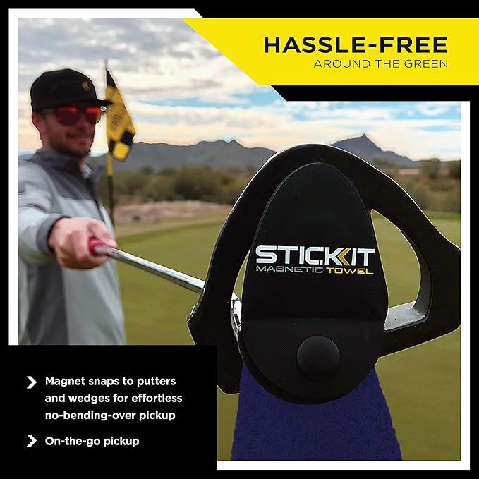 STICKIT Magnetic Golf Towel, Navy, Premium 29" Microfiber with Deep Waffle Pockets, Industrial Strength Magnet for Secure Hold to Golf Carts & Clubs, Ultra-Absorbent, Fast-Drying, Easy-Clean Design