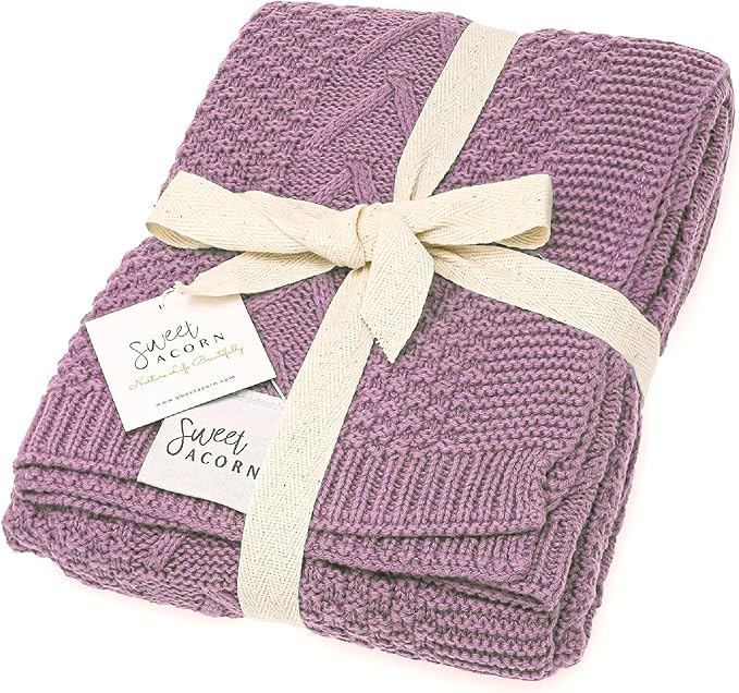Knit Baby Blanket in Cable Pattern, Organic Cotton Blankets for Crib or Stroller, Receiving Blankets - Lilac Purple