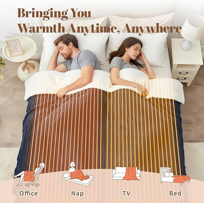 Electric Heated Blanket Queen Size Dual Control - 84"x90" Fast Heating Bed Blankets with 6 Heating Levels & 10 Hours Auto Off, Soft Ribbed Flannel, Over-Heat Protection ETL, Navy Blue