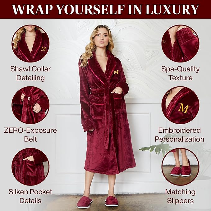 Lotus Linen Plush Robes for Women - Soft Bathrobe, Custom Monogram, Warm Fleece Robe with Pockets