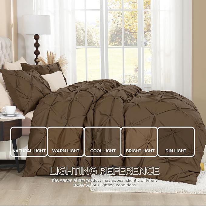 Litanika Brown King Pinch Pleat Duvet Cover, 3 Pieces Pintuck Cover Soft Microfiber Bedding Set with Zipper Closure & Corner Ties(104x90Inch-1 Duvet Cover, 2 Pillowcases)